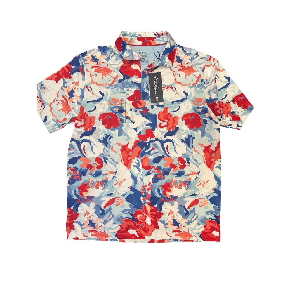 Walter Hagen Mens P11 Printed Polo Shirt Gouache Florals Red Blue WH-P11MHT L